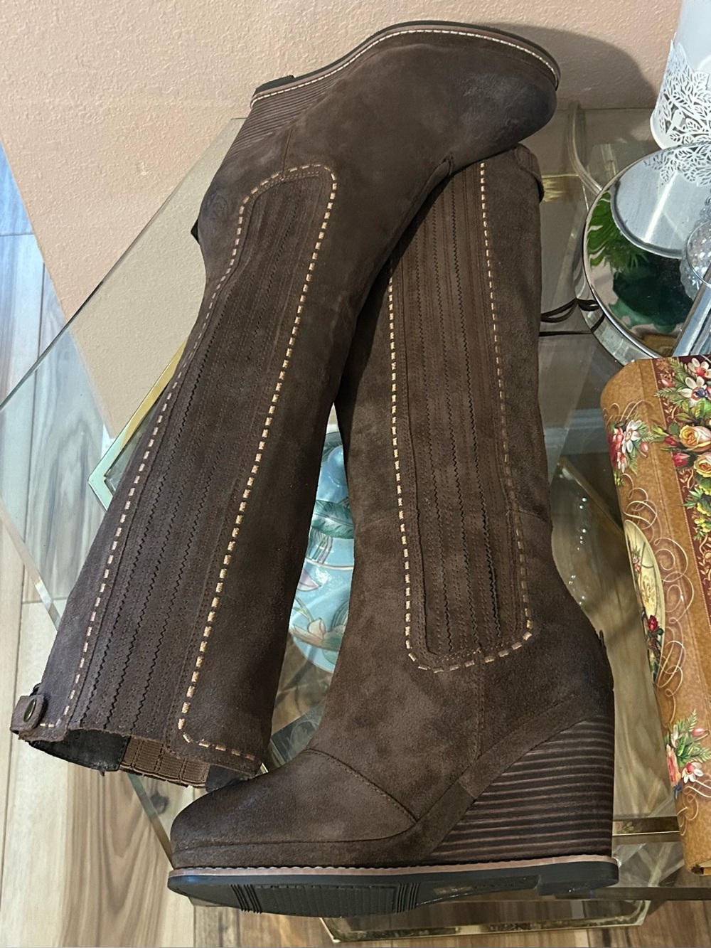Ariat Brown Suede Leather Wedge Knee-High Boots with Braided Tassel Zipper Sz 7 - Picture 12 of 16
